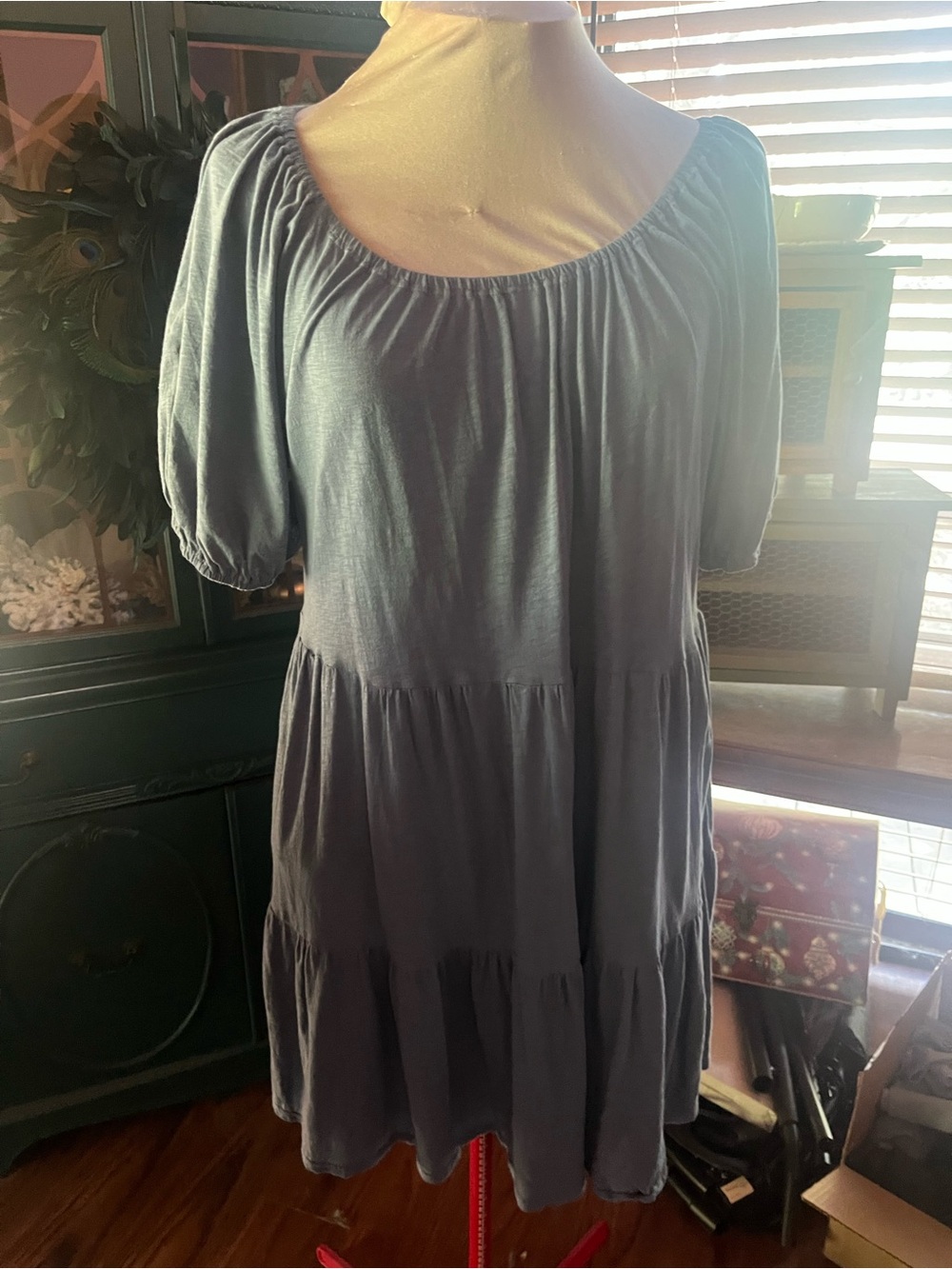 Velvet large Casual Smocked Yoke Puff Sleeve Tunic dress- Blue